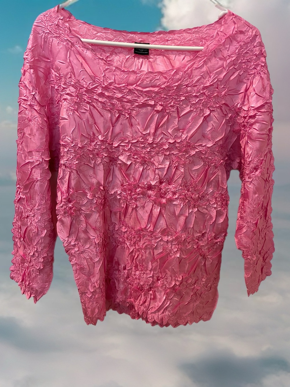 Origami Pink Textured Floral Ruched Crinkle Long-Sleeve Top